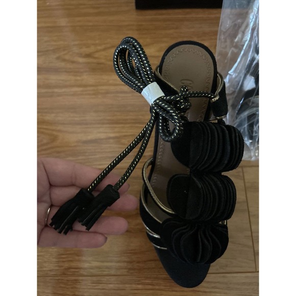 Colin Stuart Black Platform Stiletto Pumps Black Gold Ruffled Tie Up New 7.5 - Picture 4 of 8